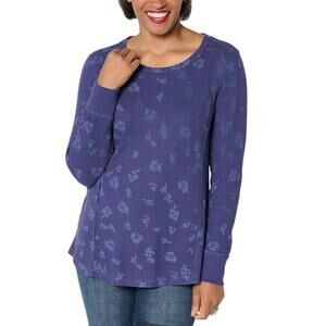 LOGO by Lori Goldstein Women's Printed Waffle Long Slv Top Peacoat - Regular